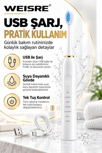Weisre Şarjlı Sonic Elektrikli Diş Fırçası 6 Mod 3 Başlık 2 Dakika Zamanlayıcı USB Şarjlı
