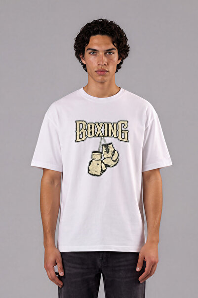 VSRN Tricou supradimensionat alb cu imprimeu frontal Brown Boxing Design