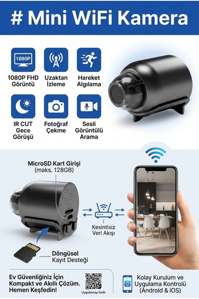 Mmctech Wifi Mini Güvenlik Kamera Uzaktan izleme - Ses - Hafıza Kart Kayıt Şa...