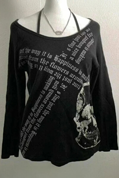 Moonstarcollection Siyah Gotik Skull Askılı Y2K Uzun Kollu Crop
