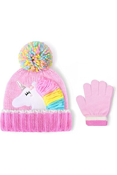KASTWAVE Toddler Kids Cute Pompom Knit Beanie Hat & Gloves, Warm Winter Unico...