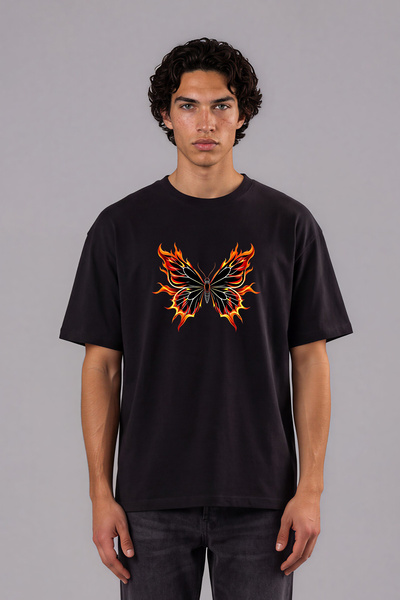 VSRN Tricou oversize negru cu imprimeu frontal cu design Flaming Butterfly