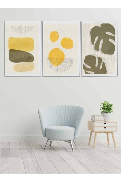 ALAYRA International Set of 3 Framed Canvas Wall Art Lemon and Leaves Abstrac...