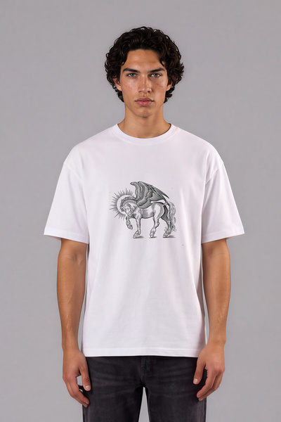 VSRN Tricou supradimensionat alb cu imprimeu frontal cu design Line Horse