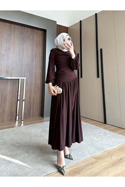 NURQA YANDAN BÜZGÜLÜ SANDY ELBİSE