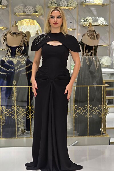 Yonca Moda Evi Siyah İşlemeli Krep Abiye 4090
