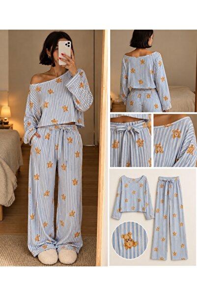 BELLA NOTTE Kadın Mavi Çizgili Ayıcık Desenli Asimetrik Kısa Kollu Pijama Takımı