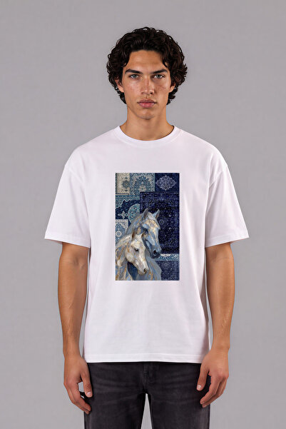 VSRN Tricou supradimensionat alb cu imprimeu frontal cu design de covor etnic...