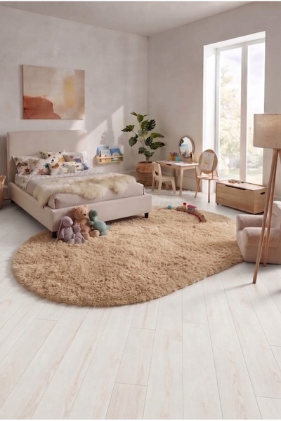 SOFT DECOR Bej Kaymaz Taban Peluş Oval Kesim Çocuk odası Tozumaz Yumuşak Doku...