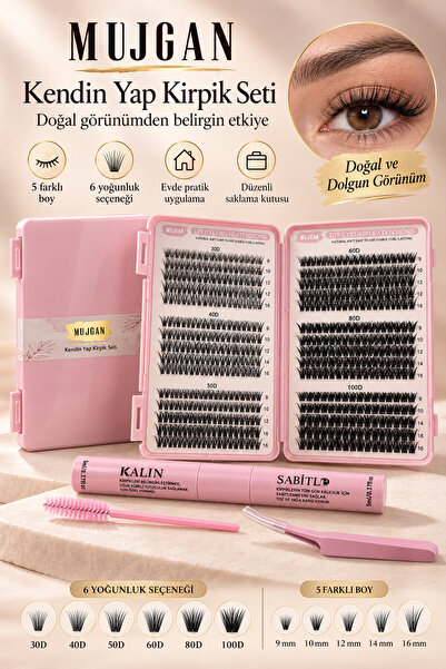 MUJGAN Kirpik Seti 580 Adet 6 Yoğunluk 5 Boy 9-16 mm Cımbız Fırça Sabitleyici...