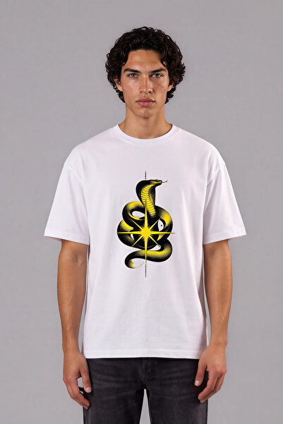 VSRN Tricou oversize alb cu imprimeu frontal cu design șarpe galben
