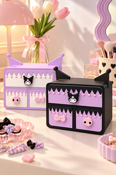 PELIUS Kuromi Makeup Organizer 3 Drawer Jewelry Cosmetic Accessory Organizer Desktop Decorative Box