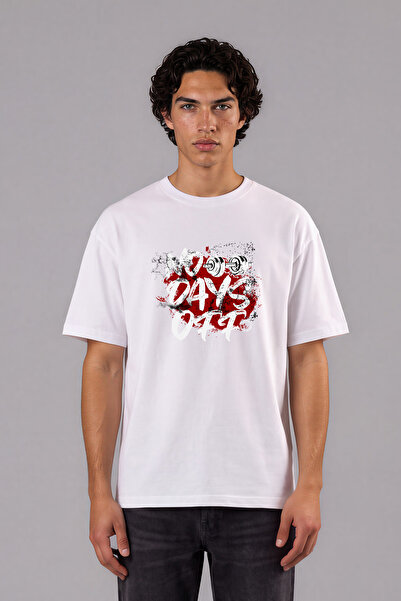 VSRN Tricou supradimensionat alb cu imprimeu frontal No Days Of Tasarım
