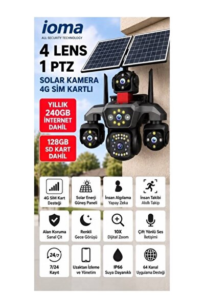 4 LENS 1 PTZ SOLAR KAMERA 4G Sim Kartlı (Yıllık 240GB İnternet) ve 128GB SD Kart Dahil