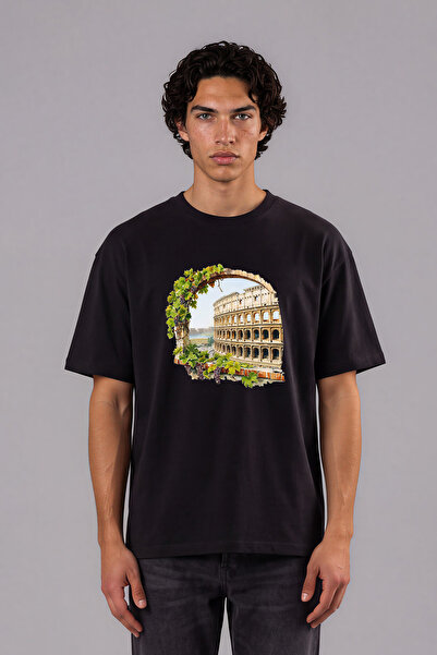 VSRN Tricou negru supradimensionat cu imprimeu frontal, design antic România