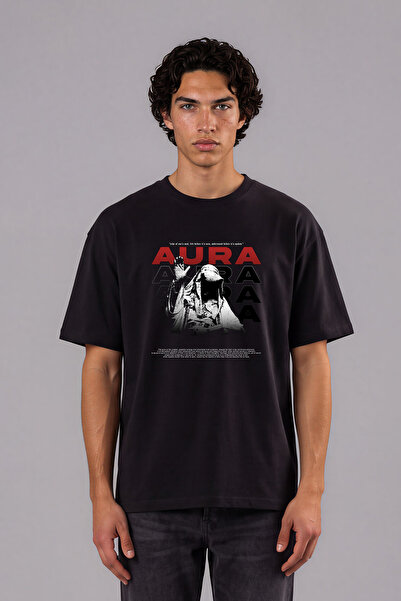 VSRN Tricou negru oversize cu imprimeu frontal Aura Aura Design