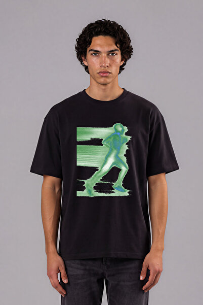 VSRN Tricou oversize negru cu imprimeu frontal Green Runner Design