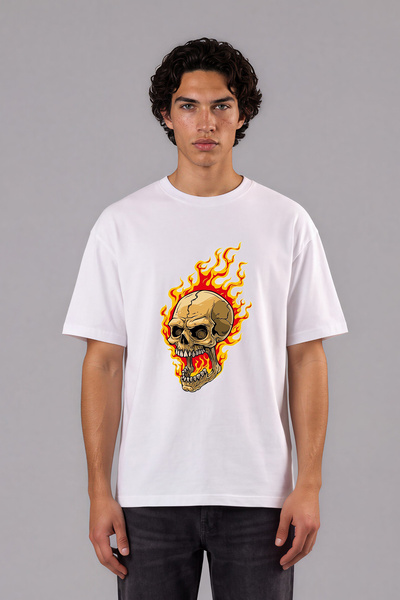 VSRN Tricou oversize alb cu imprimeu frontal cu design Flame Skeleton