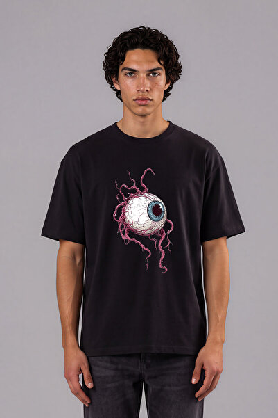 VSRN Tricou oversize negru cu imprimeu frontal Blue Giant Eye Design