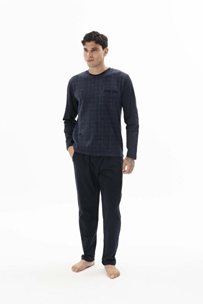 KLY Men's Green Plaid Patterned Long Sleeve Crew Neck Pocket Pajama Set C8T0N662
