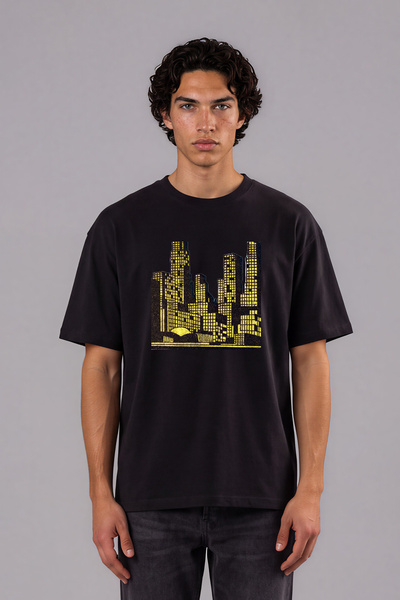 VSRN Tricou negru supradimensionat cu imprimeu frontal, cu design New York de...