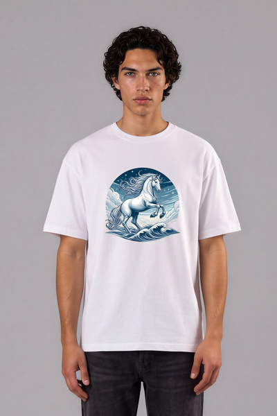 VSRN Tricou alb oversize cu imprimeu frontal cu design White Angel Horse