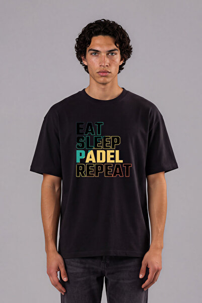VSRN Tricou oversize negru cu imprimeu frontal Padel Repeat Design