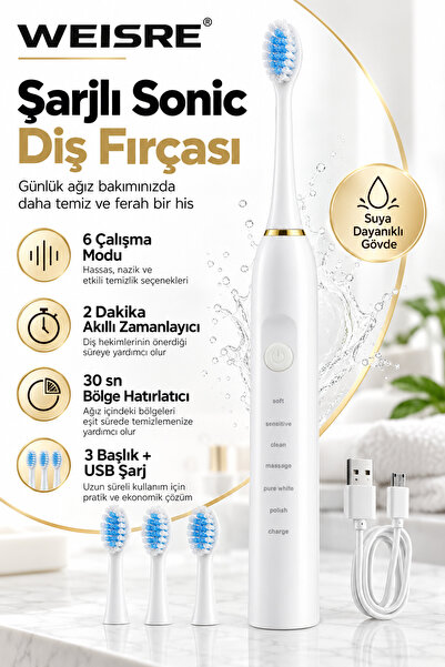 Weisre Şarjlı Sonic Elektrikli Diş Fırçası 6 Mod 3 Başlık 2 Dakika Zamanlayıc...