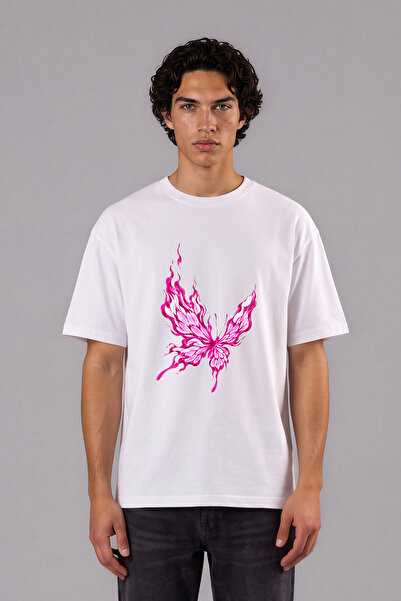 VSRN Tricou oversize alb cu imprimeu frontal cu design Fluture Roz