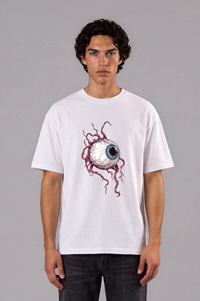 VSRN Tricou supradimensionat alb cu imprimeu frontal Blue Giant Eye Design