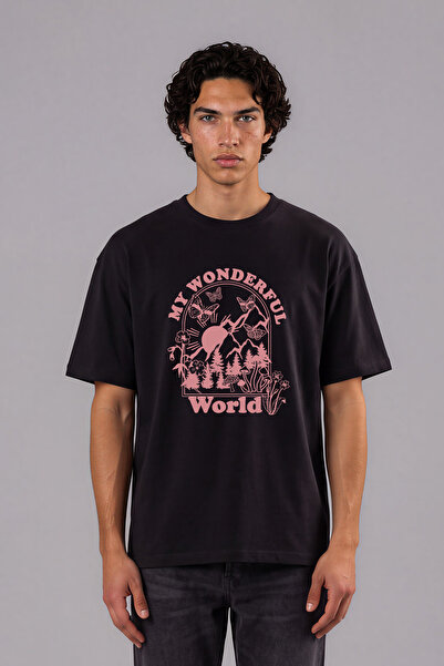VSRN Tricou oversize negru cu imprimeu frontal My Wrld Design