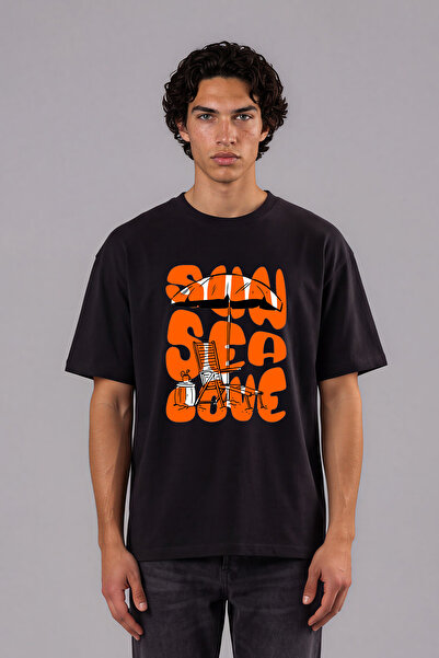 VSRN Tricou oversize negru cu imprimeu frontal Sun Sea Tasarım