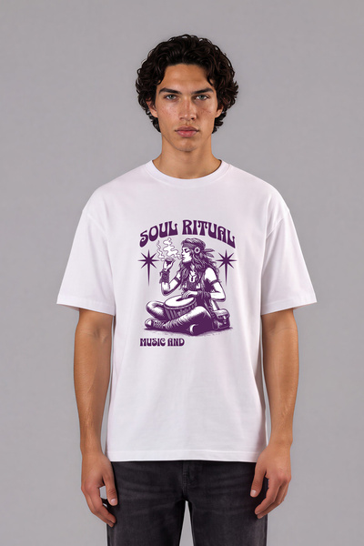 VSRN Tricou oversize alb cu imprimeu frontal Rıtuel Music Design