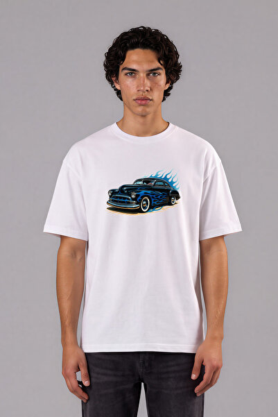 VSRN Tricou supradimensionat alb cu imprimeu frontal Blue Flamed Car Design