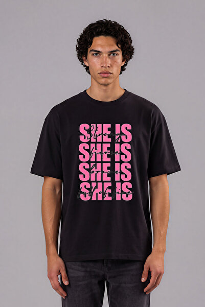 VSRN Tricou oversize negru cu imprimeu frontal She Is Strong Design