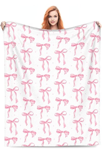 Generic Pink Bow Throw Blanket, Printed Pink Ribbon Bow White Throw Blanket U...