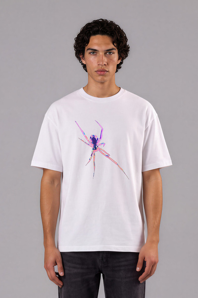 VSRN Tricou oversize alb cu imprimeu frontal cu design păianjen colorat