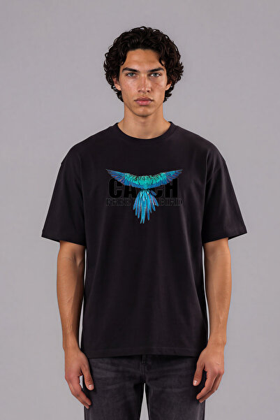 VSRN Tricou oversize negru cu imprimeu frontal Bird Catch Design