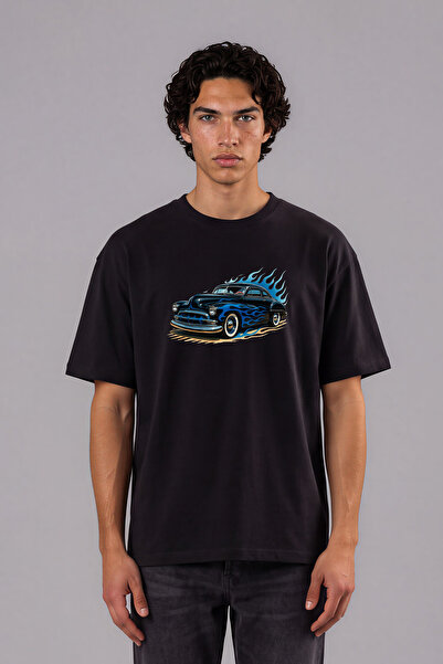 VSRN Tricou oversize negru cu imprimeu frontal Blue Flamed Car Design