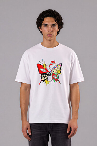 VSRN Tricou oversize alb cu imprimeu frontal Mutant Butterfly Design