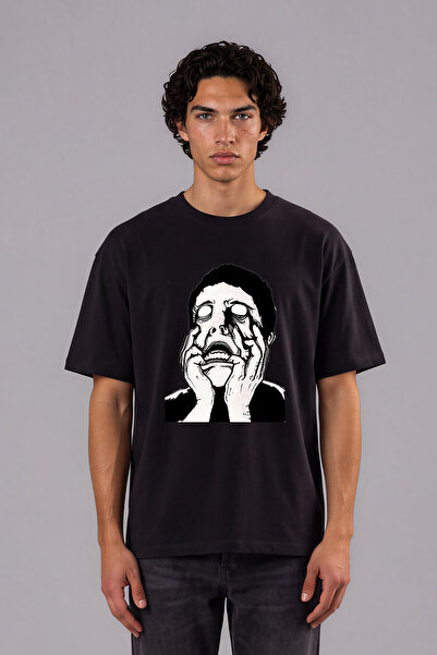 VSRN Tricou negru oversize cu imprimeu frontal Bıkmış Design