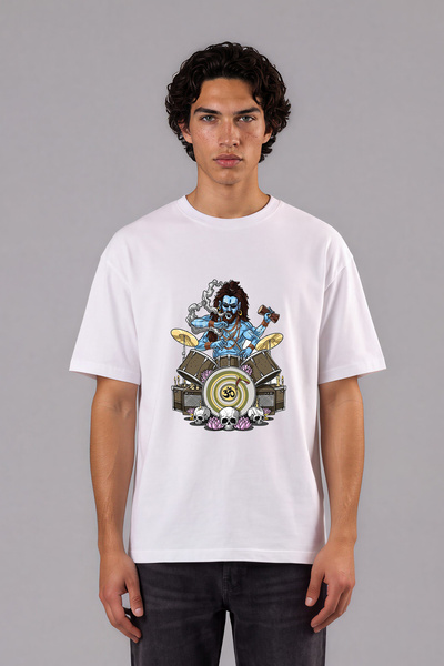 VSRN Tricou supradimensionat alb cu imprimeu frontal Baterist 1 Design