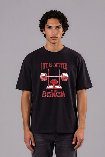 VSRN Μπλουζάκι Life Is Bench Tasarım με μπροστινή στάμπα, μαύρο, oversized