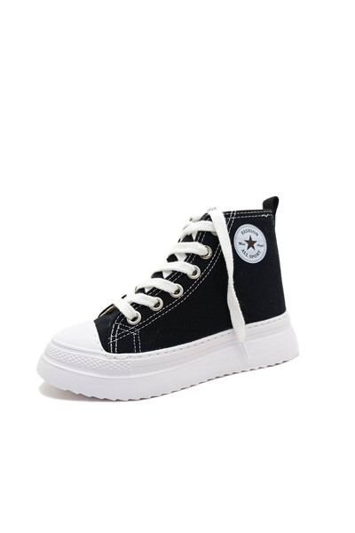 GDT Ayakkabı Unisex Black Linen Ankle Lace-Up Kids Sneakers
