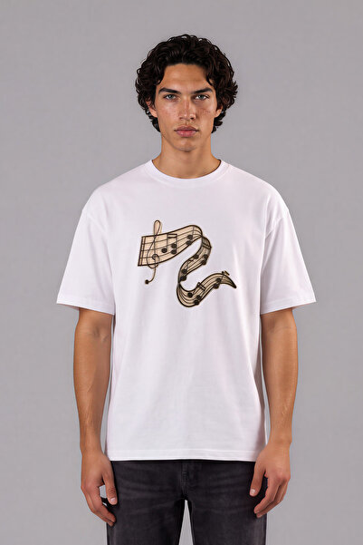 VSRN Tricou supradimensionat alb cu imprimeu frontal cu design cu note muzicale