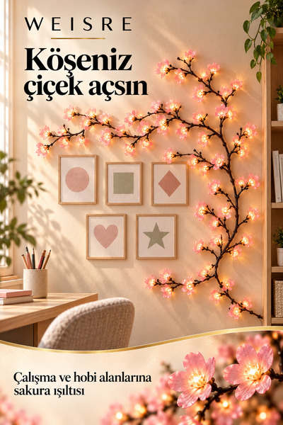 Weisre Sakura Çiçekli LED Dal Aydınlatma 1,5 m Kumandalı 8 Mod 10 Parlaklık Zamanlayıcılı