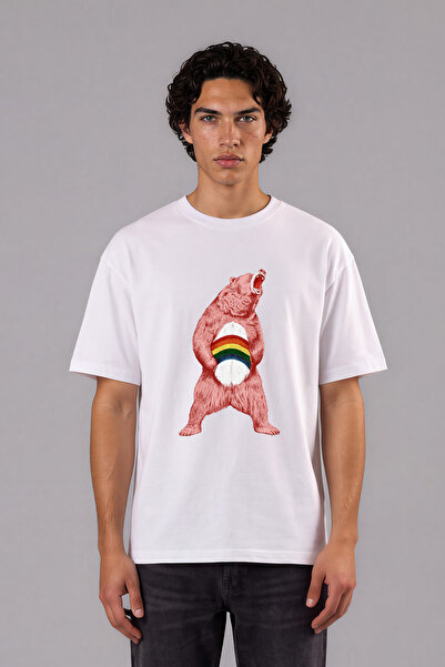 VSRN Tricou oversize alb cu imprimeu frontal cu design Colorful Bear