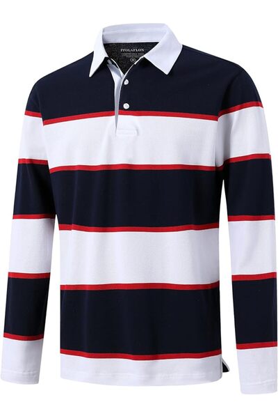 GENERAL Men's Polo Shirts Long Sleeve Striped Dry Fit Casual Collared Pique G...