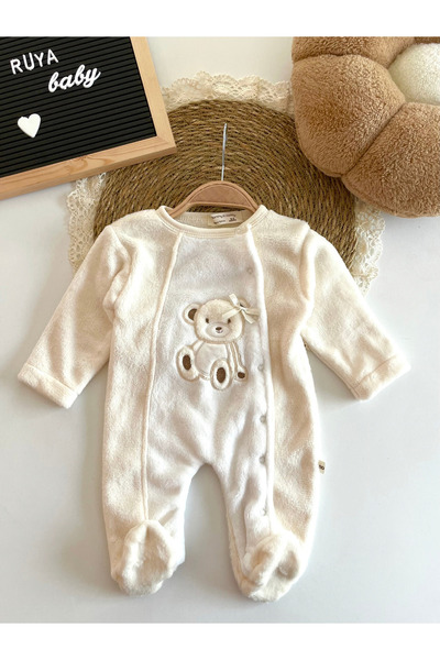 Genel Markalar Fiyonlu Ayıcık Nakışlı Peluş Kız Bebek Kadife Tulum-Krem