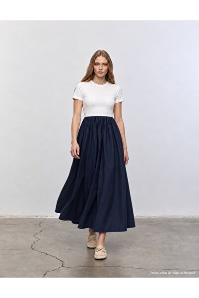 Serpirella Butik Δίχρωμο φόρεμα από ποπλίνα για καθημερινή χρήση με φούστα